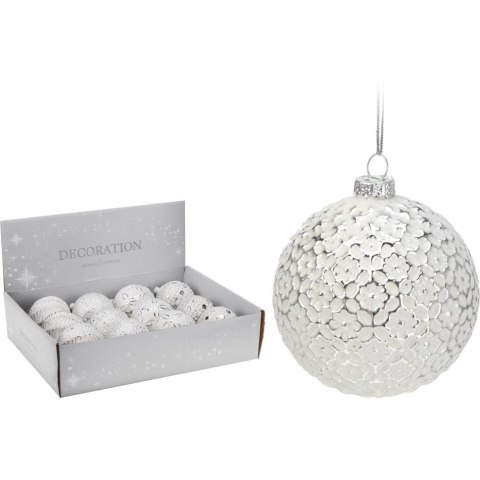 Bombki szklane Volute 80 mm 12 szt. Zestaw dwunastu dekoracyjnych bombek do powieszenia w kolorze biało-srebrnym
