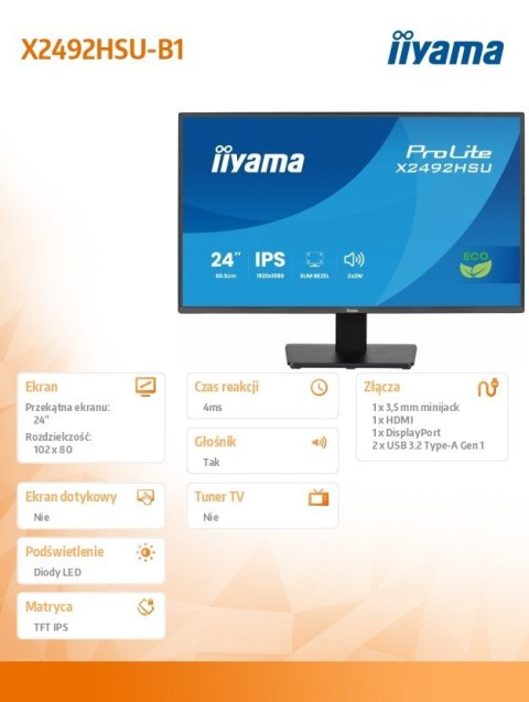 Monitor 24 cale X2492HSU-B1 IPS,FHD,HDMI,DP,120Hz,300cd,4ms,USB HUBx2cienkie ramki, 1500:1, ErP B