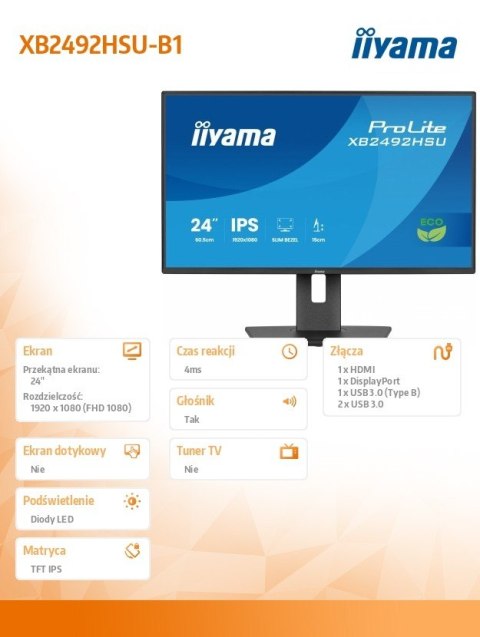 Monitor 24 cali XB2492HSU-B1 IPS,FHD,HDMI,DP,120Hz,300cd,4ms, cienkie ramki, 1500:1, ErP B, USB HUBx2