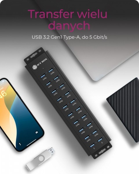 Hub IB-HUB1720-U3 20 port HUB, 96 WATT PSU, 18 x USB-A Port,2 x USB port do ładowania