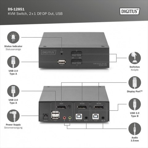 Przełącznik KVM, 2 portowy, 4K 60Hz, 2xDisplayPort IN, 1xDisplayPort OUT, 2xUSB, 2xAudio IN&OUT