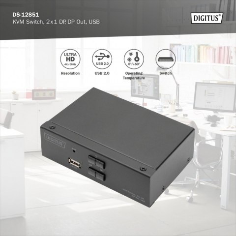 Przełącznik KVM, 2 portowy, 4K 60Hz, 2xDisplayPort IN, 1xDisplayPort OUT, 2xUSB, 2xAudio IN&OUT