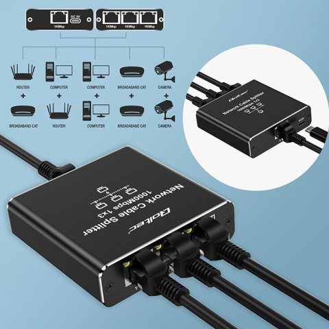 Rozdzielacz Splitter Ethernet mini SWITCH 1x3 RJ45 | 1000Mb/s | USB-C | Aluminium