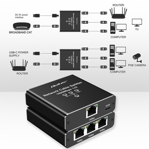 Rozdzielacz Splitter Ethernet mini SWITCH 1x3 RJ45 | 1000Mb/s | USB-C | Aluminium