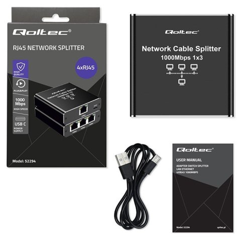 Rozdzielacz Splitter Ethernet mini SWITCH 1x3 RJ45 | 1000Mb/s | USB-C | Aluminium