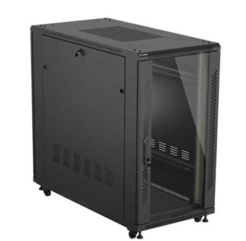Szafa instalacyjna rack stojąca 19" 22U 600x1200 czarna drzwi przeszklone (flat pack)