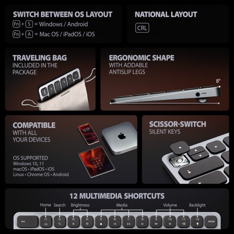 Klawiatura HMC-KB-CRL USB-C 5Gbps z wieloportowy hub 9in1, SD/microSD, 3x USB-A, HDMI 4K/60Hz, PD 100W, Audio, Cyrillic layout, 