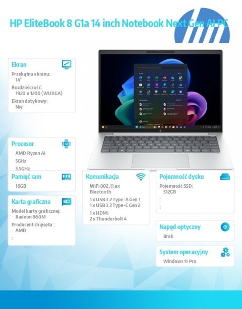 Laptop EliteBook 8 G1a Ryzen AI 7 PRO 350 512GB/16GB/W11P/14.0 C51FZET