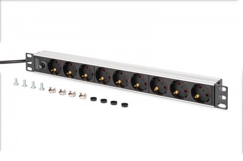 Listwa zasilająca PDU Rack 19" z bezpiecznikiem przeciążeniowym, 9 gniazd Schuko CEE 7/3 (45°), kabel 2m wtyk IEC C14, 10A, alum