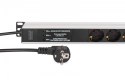 Listwa zasilająca PDU Rack (620mm) z zabezpieczeniem przeciwprzepięciowym + filtr EMI/RFI, 9 gniazd Schuko CEE 7/3 (45°), kabel 