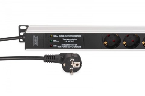Listwa zasilająca PDU Rack (620mm) z zabezpieczeniem przeciwprzepięciowym + filtr EMI/RFI, 9 gniazd Schuko CEE 7/3 (45°), kabel 