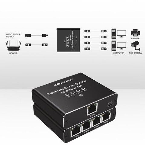 Rozdzielacz splitter Ethernet mini SWITCH 1x4 RJ45 | 1000Mb/s | USB-C | Aluminium