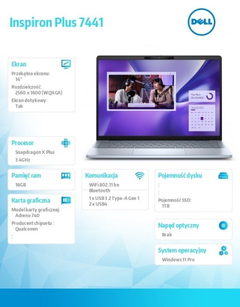 Laptop Inspiron Plus 7441 Win11 Pro/XPLUS10C/16GB/1TB SSD Gen4/14.0 QHD+ Touch/Adreno GPU/FgrPr/Cam & Mic/WLAN + BT/Backlit Kb/3