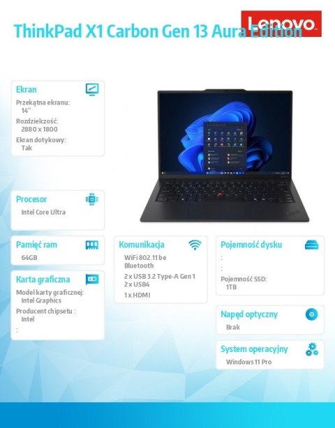 Ultrabook ThinkPad X1 Carbon G13 21NX006PPB W11Pro Ultra 7 265U/64GB/1TB/INT/14.0 2.8K/Touch/Black/vPro/3YRS Premier Support Plu