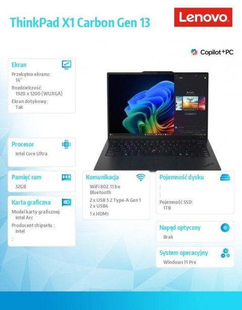 Ultrabook Thinkpad X1 Carbon G13 21NS004NPB W11Pro Ultra 7 258V/32GB/1TB/INT/14.0 WUXGA/Touch/Black/3YRS Premier Support + CO2 