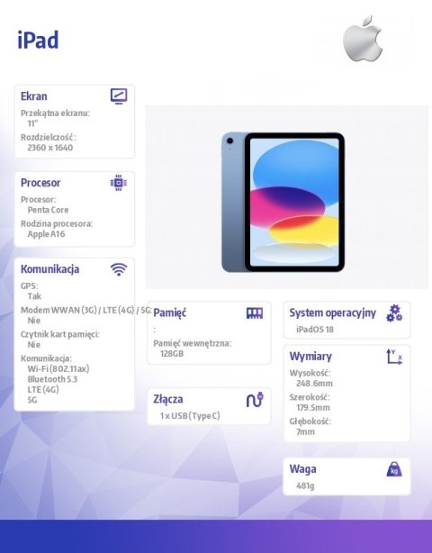 IPad WiFi + Cellular 11 cali 128 GB Niebieski