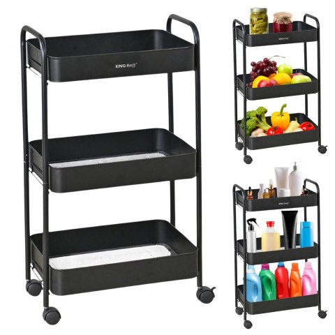 Regał 3-poziomowy stalowy z kółkami 360°, czarny, KINGHOFF KH-1941