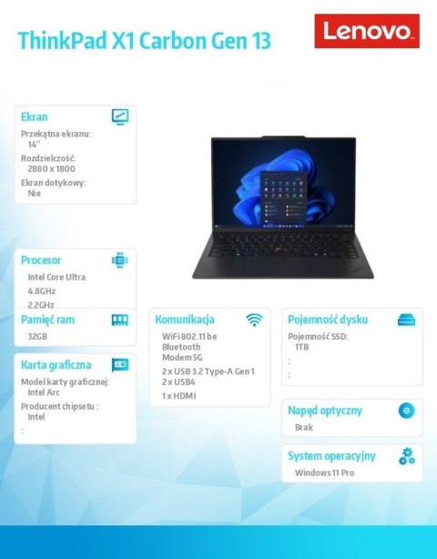 Ultrabook Thinkpad X1 Carbon G13 21NS004UPB W11Pro Ultra 7 258V/32GB/1TB/INT/14.0 2.8K/Black/3YRS Premier Support + CO2 Offset