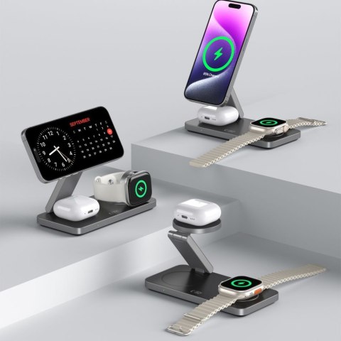 Ładowarka indukcyjna 3w1 do smartfona smartwatcha słuchawek z kablem USB-C - czarna