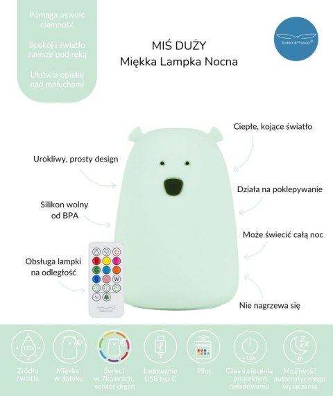 Duży Miś Lampka silikonowa z pilotem, kolor Jasna Mięta