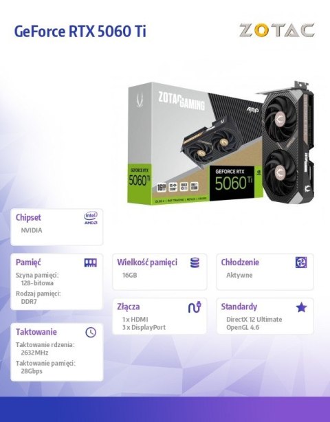 Karta graficzna GeForce RTX 5060 Ti 16GB AMP GDDR7 128bit 3DP/HDMI