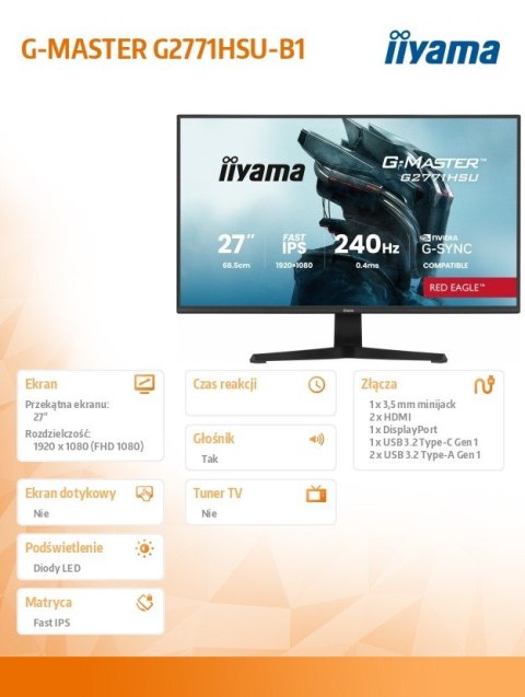 Monitor 27 cali G2771HSU-B1 0.4ms,Fast IPS,1xUSB 3.2, 1xUSB C, 240Hz, DP, 2xHDMI, Adaptive G-SYNC - 1920 x 1080 @48-240Hz 