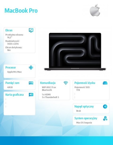 MacBook Pro 16.2 cali: M4 Max 16/40, 48GB, 1TB SSD - Czarny