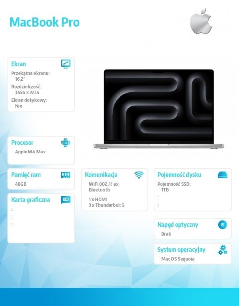 MacBook Pro 16.2 cali: M4 Max 16/40, 48GB, 1TB SSD - Srebrny