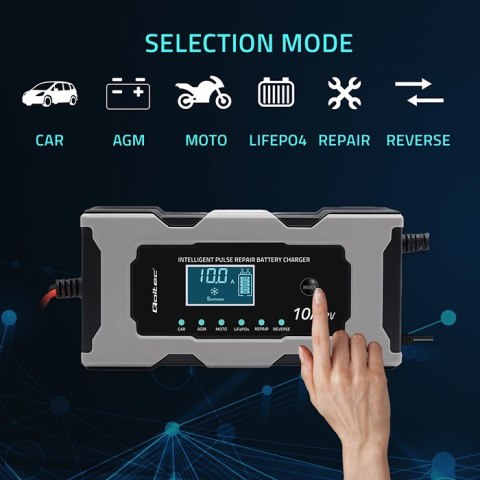 Mikroprocesorowa ładowarka 12V 10A | Prostownik z funkcją naprawy do akumulatora AGM GEL LiFePO4 | LCD
