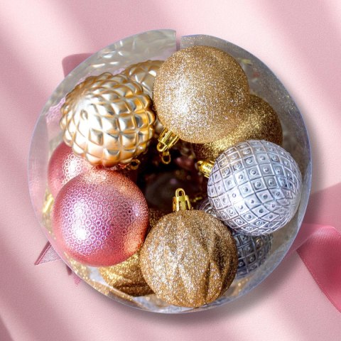 BOMBKA DEKORACYJNA PLASTIKOWA 6CM SET 35 SZT ZŁOTY RÓŻOWY