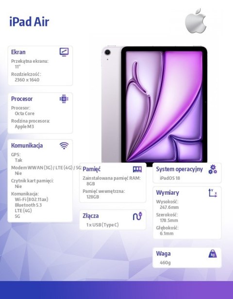 IPad Air 11 cali WiFi + Cellular 128GB Fioletowy