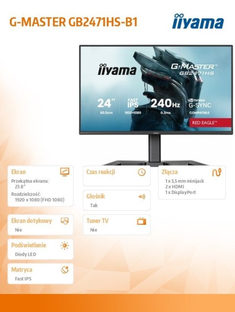 Monitor 23,8 cala GB2471HS-B1 Fast IPS,FHD,240Hz,2xHDMI,DP, 350cd, HAS(150) PIVOT, Adaptive G-SYNC - 1920 x 1080 @48-240Hz Disp