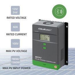 Solarny regulator ładowania MPPT z czujnikiem temperatury 60A | 12V/24V | LCD | Bluetooth | APP | GEL | LiFePO4