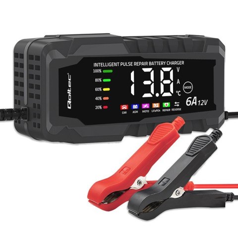Mikroprocesorowa ładowarka 12V 6A | Prostownik z funkcją naprawy do akumulatora AGM GEL LiFePO4 | LCD