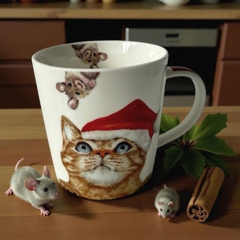 Kot w Czapce Świętego Mikołaja Kubek Porcelanowy w Ozdobnym Pudełku 400 ml