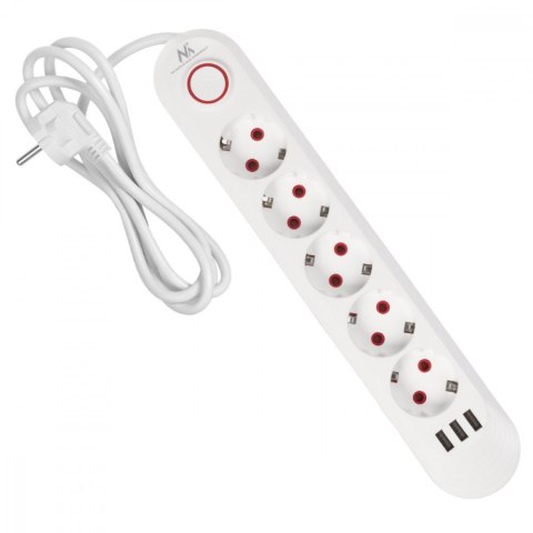 Listwa zasilająca 5 gniazd MCE395 W 3xUSB, 110-240v AC 50/60Hz, 2,1A max 2500W, biała