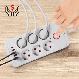 Listwa zasilająca MCE389 W 6 gniazd 4xUSB-A 1xUSB-C 110-240V, AC 50/60Hz, 2.1A max 2500W biała