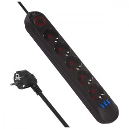 Listwa zasilająca MCE395 B 5 gniazd 3xUSB, 110-240V AC 50/60Hz, 2.1A max 2500W, czarna