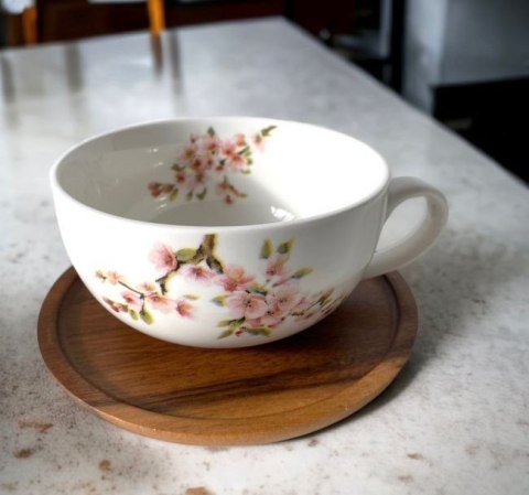 Kwiat Wiśni Filiżanka z Drewnianym Spodkiem w Ozdo