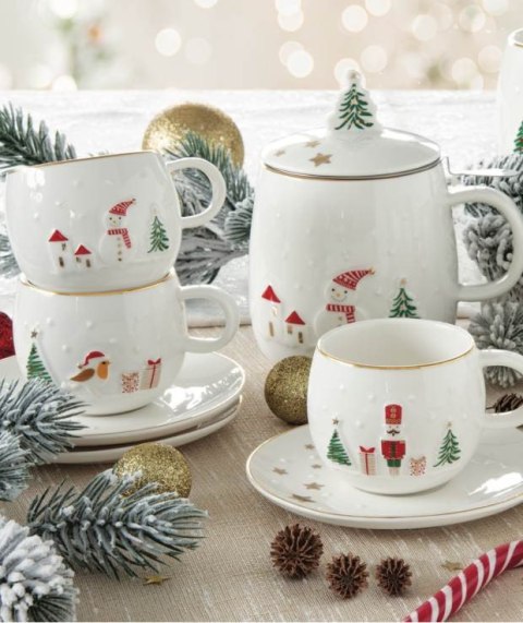 Magia Świąt Bałwanek i Dziadek do Orzechów Filiżanki Porcelanowe ze Spodkiem w Ozdobnym Pudełku 120 ml