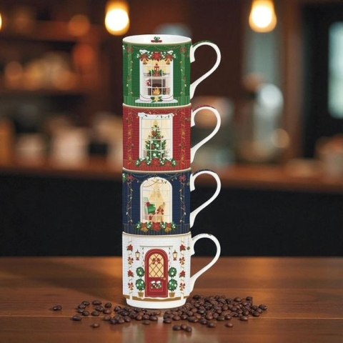 Świąteczna scanka Kpl. 4 porcelanowych kubków 275 ml w kolorowym pudełku