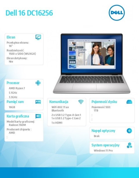 Laptop Dell 16 DC16256 W11P R7-250|16GB|1TB|AMD Radeon|FgrPr|WLAN+BT|16.0 FHD+|Backlit Kb|4C|65W|3YPS Platinum Silver (Metal)