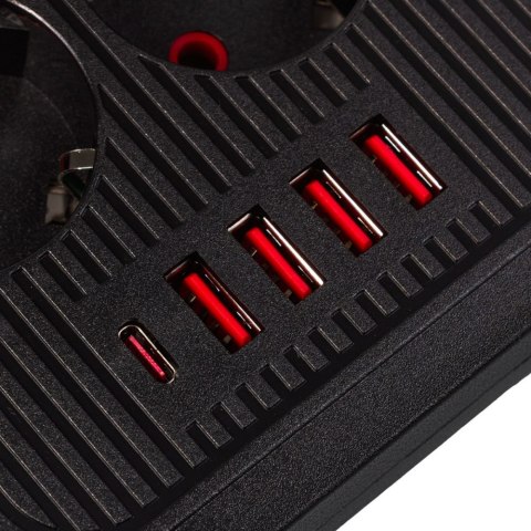 Listwa zasilająca MCE391 B 6 gniazd 4xUSB-A 1xUSB-C, 110-240V AC 50/60Hz, 2.1A max 2500W, czarna