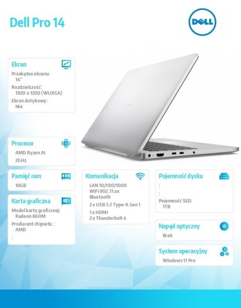 Laptop Dell Pro 14 PC14255/AMD Ryzen AI 7 PRO 350/16GB/1TB SSD CL25/14.0 FHD+/Radeon 860M/FgrPr/FHD/IR Cam/Mic/WLAN+BT/Backlit K