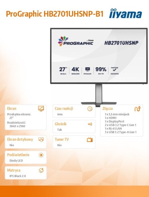 Monitor 27 cali ProGraphic HB2701UHSNP-B1 4K,IPS BLACK 2.0,450cd,VESA USB-c dock(PD:96W),HDMI,DP,DAISY/CHAIN,4xUSB,RJ45,3000:1,s