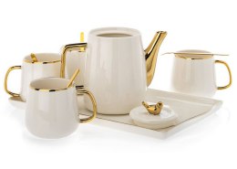 Serwis kawowy Noah White Gold Komplet wykonany z ceramiki w kolorze biało-złotym. Zestaw zawiera 4 Filiżanki, dzbanek, 4 łyżeczk