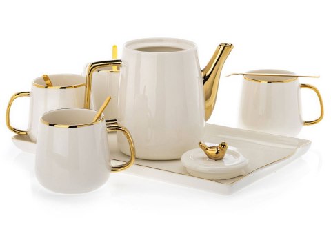 Serwis kawowy Noah White Gold Komplet wykonany z ceramiki w kolorze biało-złotym. Zestaw zawiera 4 Filiżanki, dzbanek, 4 łyżeczk