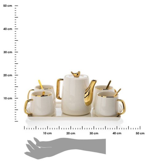 Serwis kawowy Noah White Gold Komplet wykonany z ceramiki w kolorze biało-złotym. Zestaw zawiera 4 Filiżanki, dzbanek, 4 łyżeczk