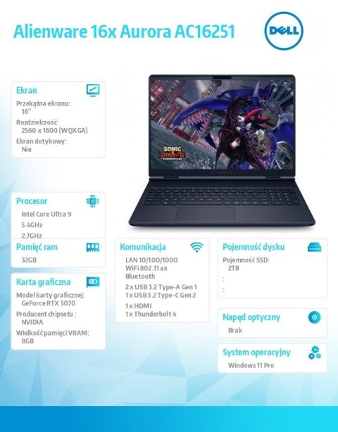 Laptop Alienware 16x Aurora AC16251 Win11Pro C9 275HX/32GB/2TB/16.0 WQXGA/GeForce RTX 5070/WLAN + BT/RGB Backlit Kb/6 Cell/280W