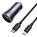 Ładowarka samochodowa Baseus Golden Contactor Pro, USB + USB-C, QC4.0+, PD, SCP, 40W (szara) + kabel USB-C do iP 1m (czarny)
